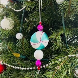 Vintage Beaded Tassel Drop Christmas Ornament Mint Pink Collectible 6.5”